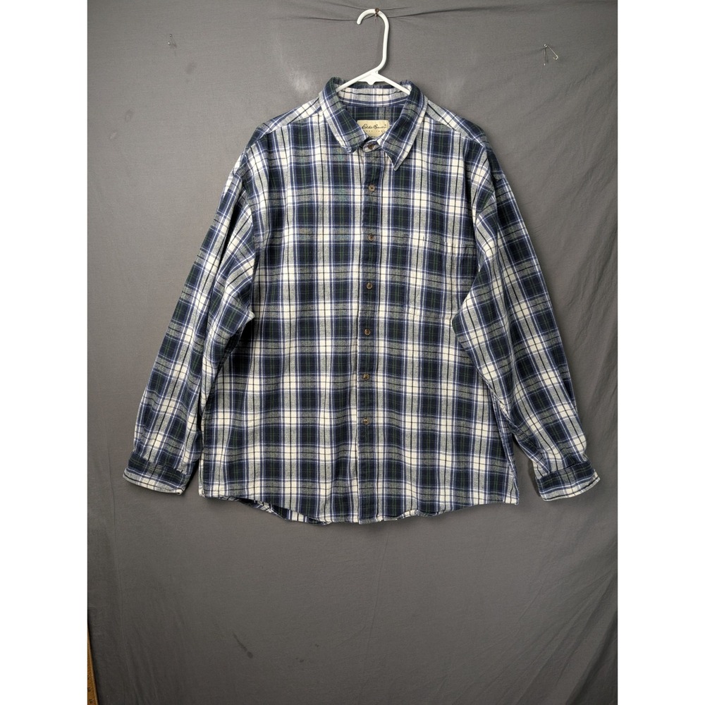 Eddie Bauer Mens Flannel Button Up Shirt Blue Green Plaid‎ Long Sleeve XL